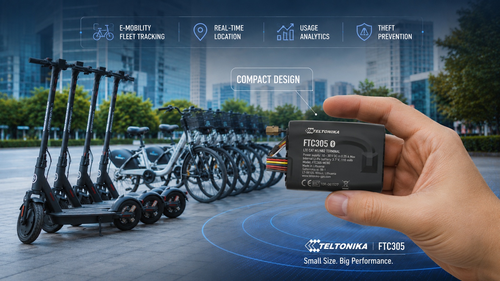 Teltonika FTC305 compact GPS tracker σε χέρι για e-mobility εφαρμογές